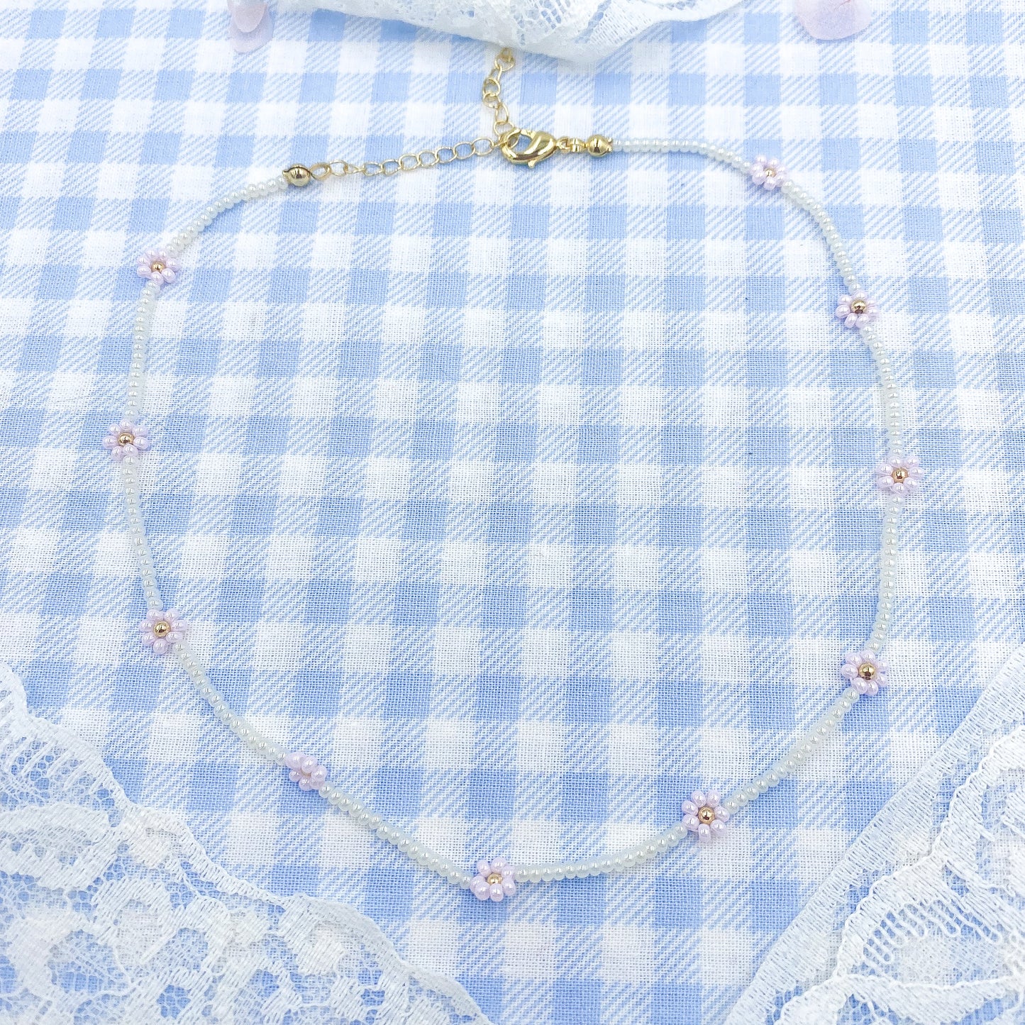 Pastel Pink Glass Beaded Daisy Chain
